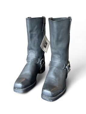 Frye Black Leather Harness Cowboy Boots